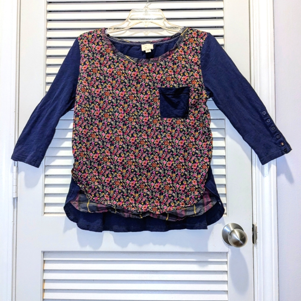 Anthropologie Postmark Women's Navy Pink Floral Plaid Stretchy Boho Top Sz Small